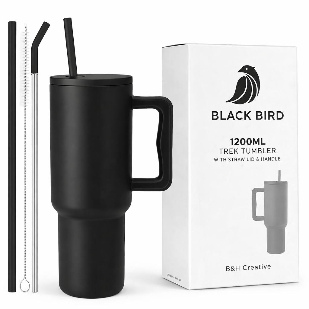 Black Bird Stainless Steel Vacuum Insulated Tumbler (1200 ml) with Straw Lid & Handle | Leakproof | Hot & Cold