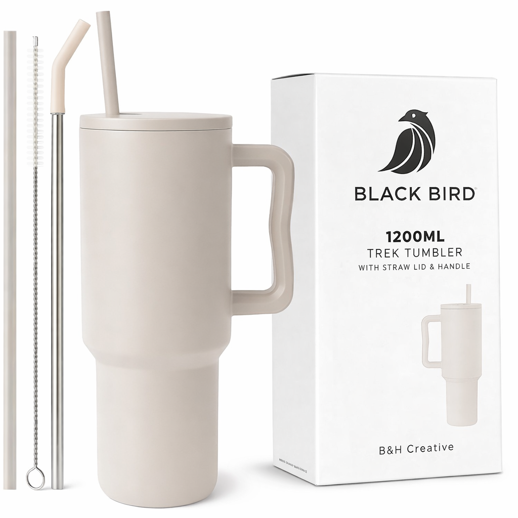 Black Bird Stainless Steel Vacuum Insulated Tumbler (1200 ml) with Straw Lid & Handle | Leakproof | Hot & Cold