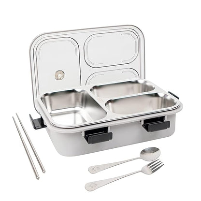 Stainless Steel 3-Compartment Lunch Box | Leakproof Bento Lunch Box with Spoon & Fork