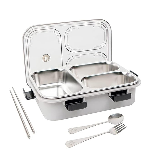 Stainless Steel 3-Compartment Lunch Box | Leakproof Bento Lunch Box with Spoon & Fork