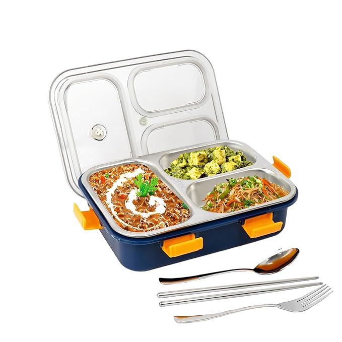 Stainless Steel 3-Compartment Lunch Box | Leakproof Bento Lunch Box with Spoon & Fork