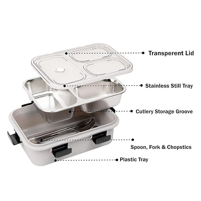 Stainless Steel 3-Compartment Lunch Box | Leakproof Bento Lunch Box with Spoon & Fork