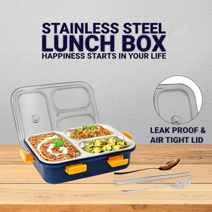 Stainless Steel 3-Compartment Lunch Box | Leakproof Bento Lunch Box with Spoon & Fork