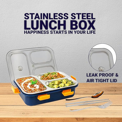 Stainless Steel 3-Compartment Lunch Box | Leakproof Bento Lunch Box with Spoon & Fork